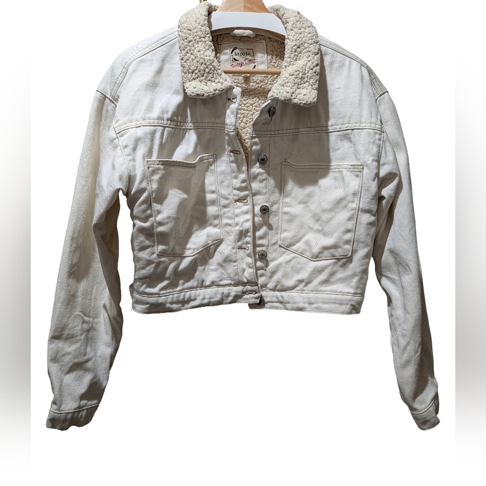 Vintage Retro Funky Denim Stoosh Cropped Jacket Womens Medium Sherpa Lining